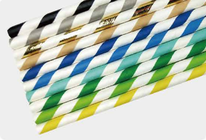 Paper straws with white base and black, gray, blue, teal, green, and yellow candy stripes