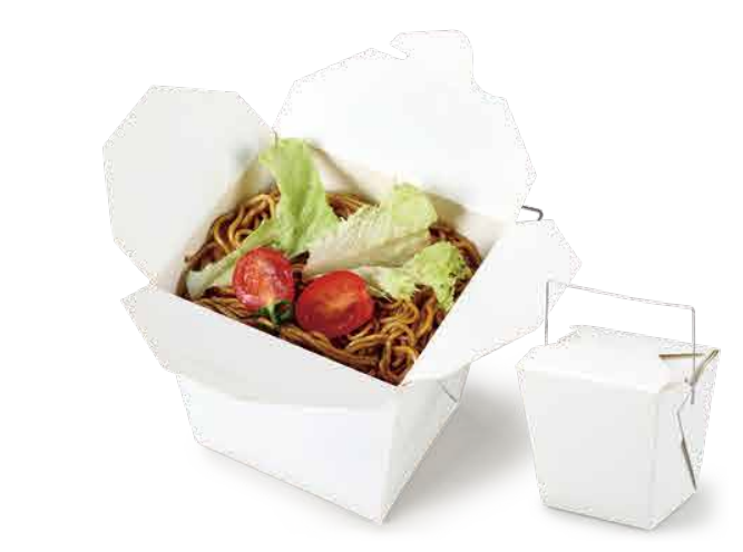 White cardboard paper food pail with wire handle