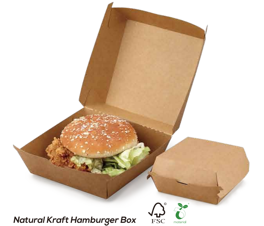 Natural kraft burger box in open and closed views