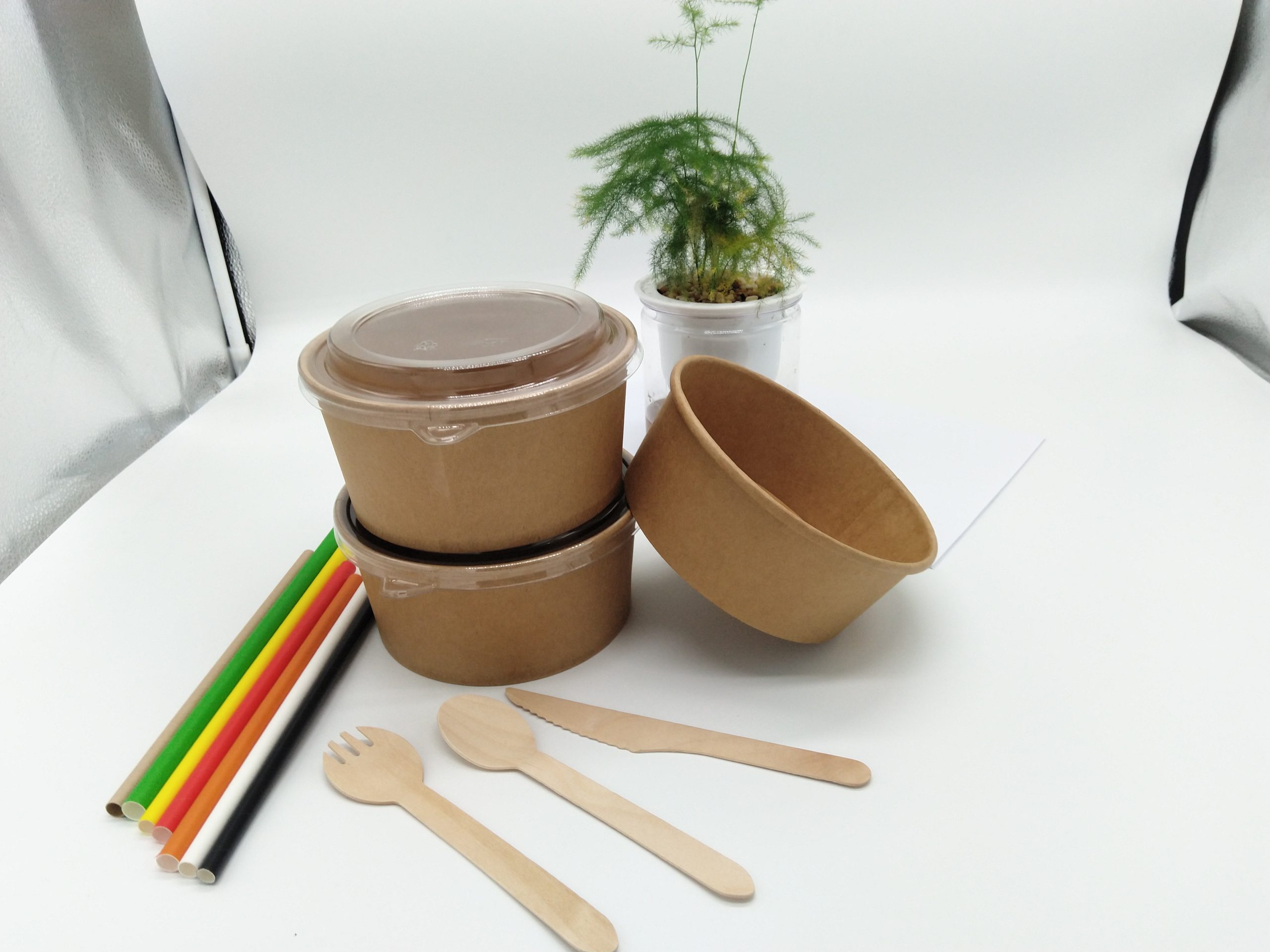 Bol à salade en papier kraft avec couvercle transparent