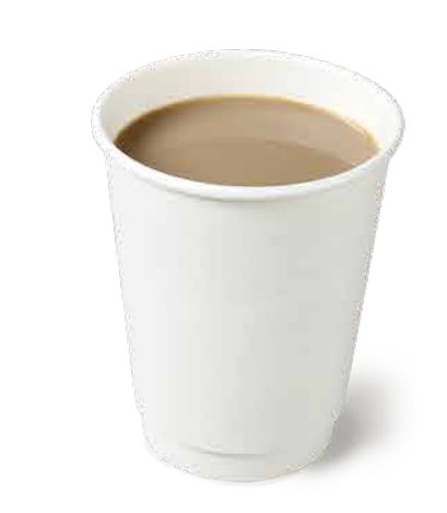 White paper cup filled with a light brown beverage on a white background