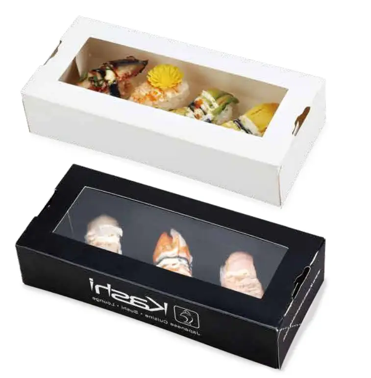 Black and white paper sushi boxes with clear PLA windows