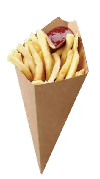 Natural kraft paper cone filled with French fries on a white background