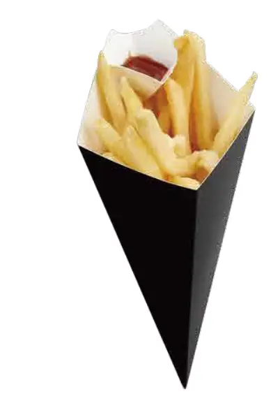 Black paper cone filled with French fries on a white background