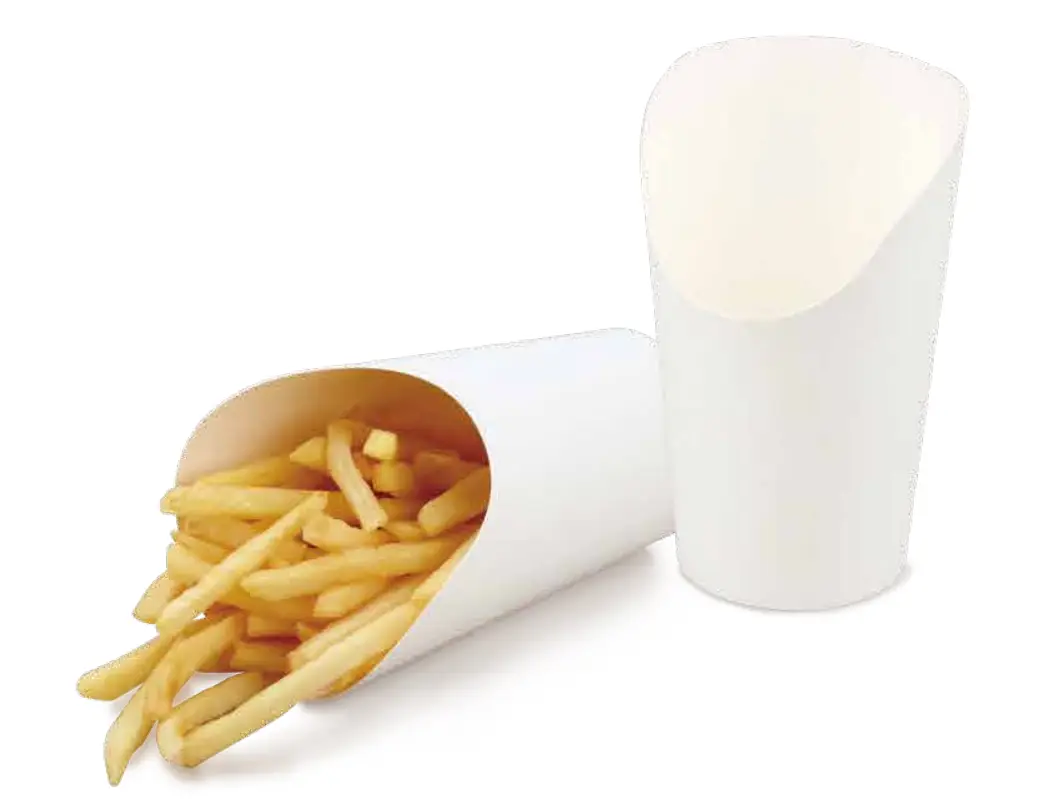 Natural kraft open burrito sleeve holding French fries