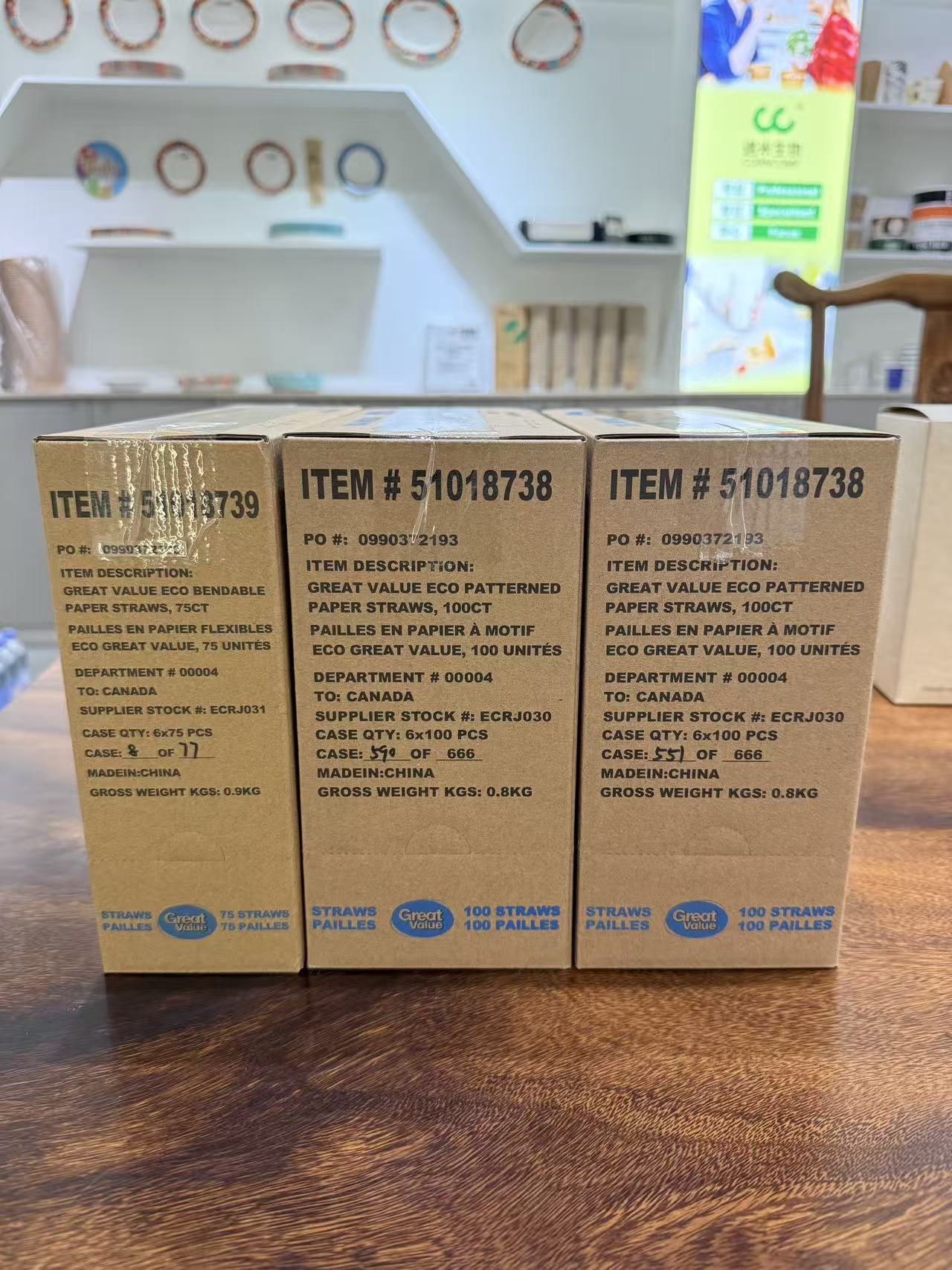 Great Value Eco Bendable and Patterned Paper Straws export cartons manufactured by Corncomp, labeled for Canada