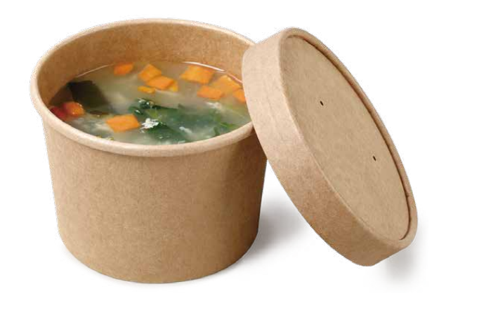 Natural kraft soup cups with matching paper and clear lids