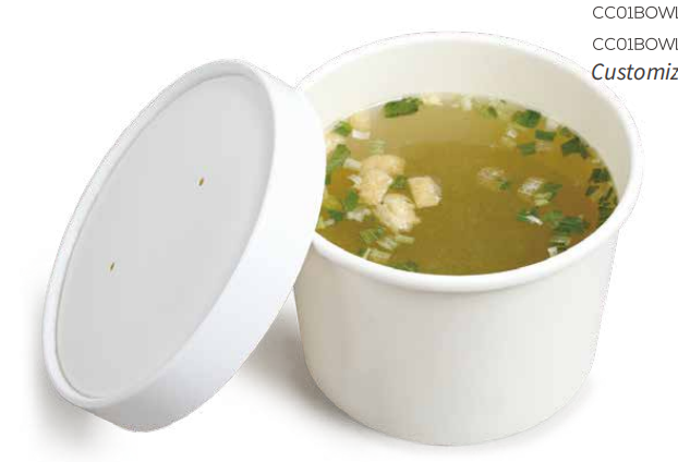 White cardboard soup cups with matching paper and clear lids